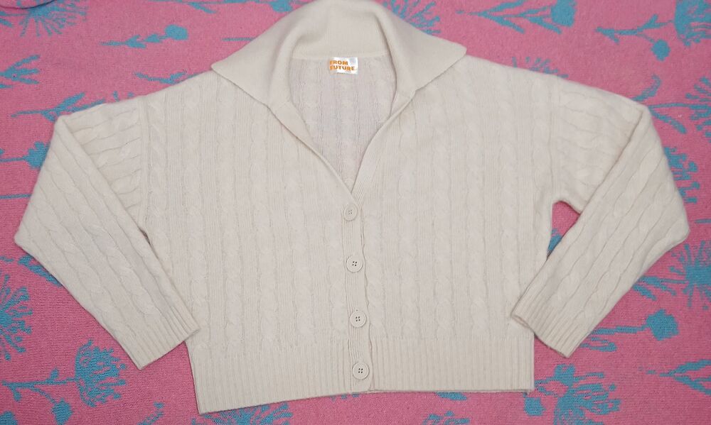 From future womens small cashmere cable knit sweater cream polo boxy cropped